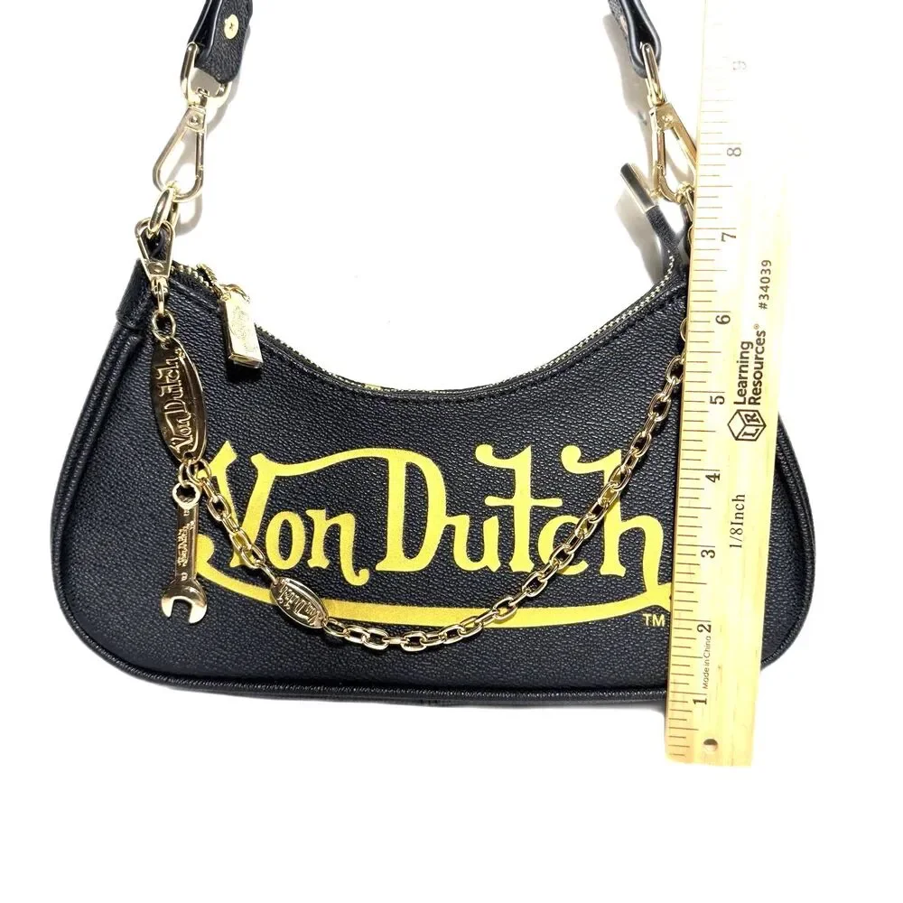 Von Dutch Classic Black Vegan Patent Logo Shoulder Bag Chain Wrench Charm NWOT